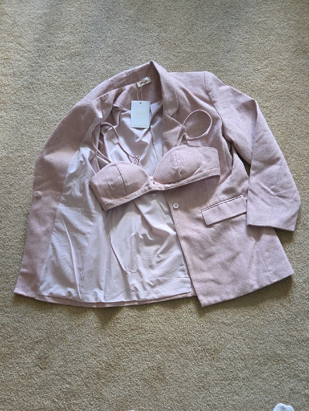 Blush Pink Textured Blazer with Matching Bralette